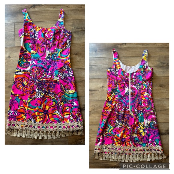 Lilly Pulitzer Eaton Psychadelic Colorful Print Shift Dress Metallic Fringe 0 - Picture 1 of 9